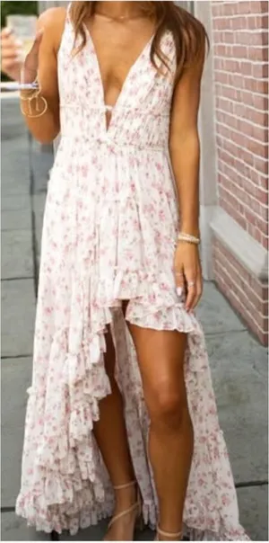 MAC DUGGAL White Multicolor Floral Print Sleeveless Ruffled High-Low Gown thumbnail 1