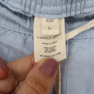 Happily Grey Light Blue Linen Blend Wide Leg Drawstring Pants Large thumbnail 4