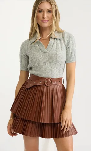Vestique Camel Brown Vegan Faux Leather Belted Tiered Short Mini Skirt Small NWT thumbnail 1