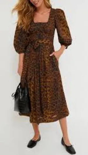 Tuckernuck Leopard Graciela Dress Womens 6 Brown NWT Square Neck Puff Sleeve thumbnail 1