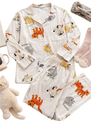 Aegean Apparel Cat Print 100% Cotton Pajama Set White Womens Medium EUC thumbnail 1