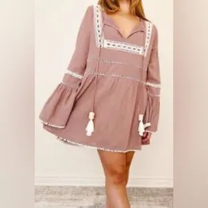 Show Me Your Mumu Romina Tunic Dress Mauve Boho Bell Sleeve Pom Pom Small 845 thumbnail 4