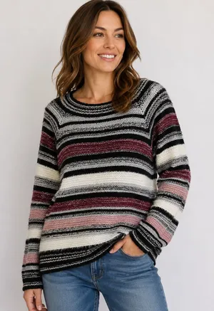 VENUS Sweater Women's Medium Purple Black Oversized Striped Long Sleeve Pullover thumbnail 1