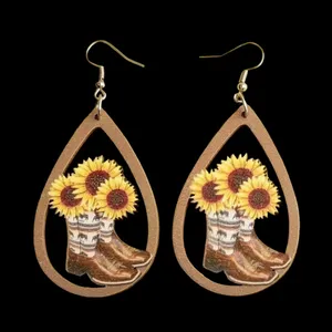 Western‎ Retro Personality Cowboy Boots Sunflower Earrings Wooden Water Drop thumbnail 3