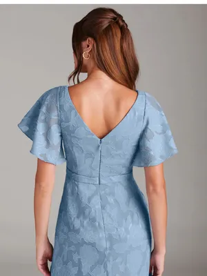 Azazie Slate Blue Floral Jacquard Maxi Flutter Sleeves High Slit Dress Size 10 thumbnail 3