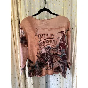 Jane Ashley 100% Cotton Beaded Wild Horses Of The Old West Rodeo Casual Top M thumbnail 3