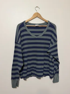 Aerie OFFLINE Wow Oversized Waffle Thermal Top Size Large Striped Green Blue thumbnail 2