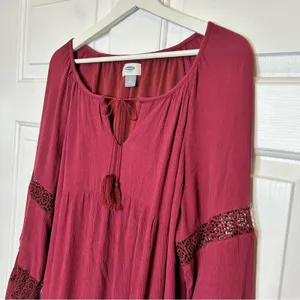 Old Navy Womens Burgundy Dress Long Sleeve Lace Detail Tassel Tie Size‎ L thumbnail 4