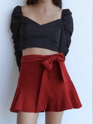 NEW Zara Red Ruffled Mini Skort Skirt High Waisted Tie Belt Shorts SMALL Womens thumbnail 1