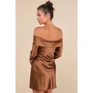 NWT Lulus Luxurious Vision Brown Satin Off-the-Shoulder Mini Dress Party Size L thumbnail 4