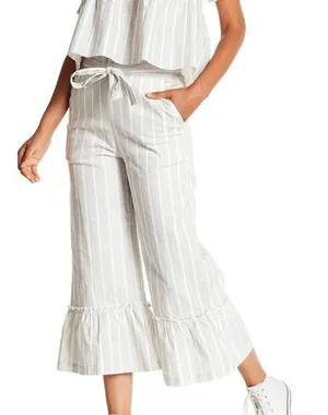 English Factory Gray Striped Ruffle Cropped Bell Bottom Linen Pants - XS thumbnail 1