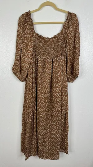 OPT Brown Floral Smocked Cotton Midi Dress Long Puff Sleeve Square Neck Pockets thumbnail 1