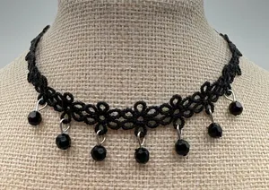 Gothic Moody Witchy Floral Tatting Beaded Choker One Size Black thumbnail 1
