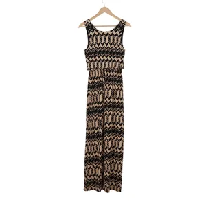 Chevron Print Maxi Dress Sleeveless Elastic Waist Tan Black Geometric S thumbnail 4
