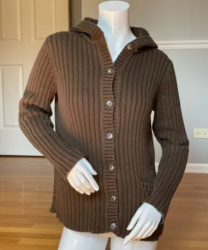 Lauren Ralph Lauren Women’s S Khaki Green Ribbed Hooded Cardigan 100% Cotton thumbnail 1