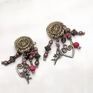 Vintage Clip On Earrings Statement Dark Gold Tone with Charms & Red/Brown Beads thumbnail 2