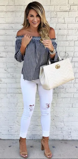 Caution to the Wind navy gingham puff sleeve tie front off shoulder top. Size Small thumbnail 1