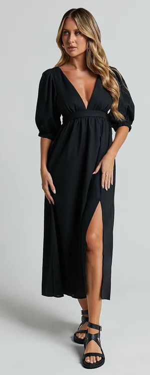 New Showpo Eidie Midi Dress Linen Puff Sleeve Dress Size Small MSRP $89 thumbnail 1