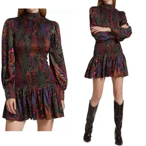 FARM Rio Frutis Dress Smocked Long Blouson Sleeve Drop Waist Multi Color Size XS thumbnail 2