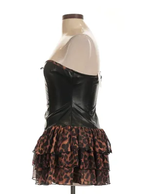 Black Faux Leather Strapless Corset Dress with Leopard Ruffle Skirt thumbnail 8