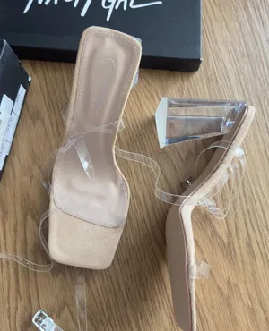 Nasty Gal Clear Nude Chunky Square Toe Heels Size 9 Faux Leather Block thumbnail 1