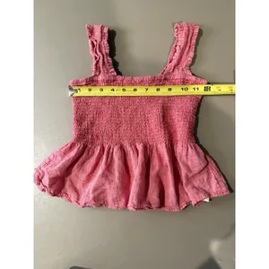 Anthropologie Maeve Schuyler Smocked Peplum Linen Bland Blouse XS Heather Red thumbnail 6