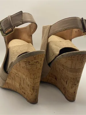 Nine West tan suede leather open toe cork wedge heels wedges neutral summer 9.5 thumbnail 2