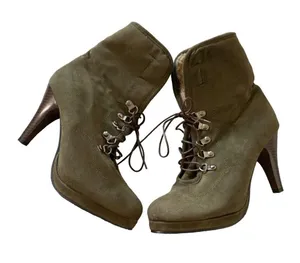 Wenjhen Women Lace Up Flanging Boots High Heel Ankle Round Toe Pumps Sho… thumbnail 5