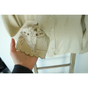 Vintage AMI 100% Linen Tan Embroidered Floral Button Up Long Sleeve Womens M thumbnail 3