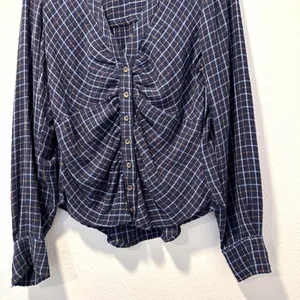 Pilcro Anthropologie Womens-S Blouse Blue Plaid‎ Ruched Button Front Flannel thumbnail 8