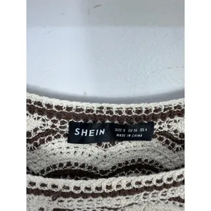 SHEIN Crochet Peasant Top Womens S Cream Brown Puff Sleeve Boho Cottagecore‎ thumbnail 2