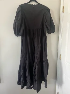 H&M Black Puff Sleeve Tiered Midi Dress Small Modest Romantic Cottagecore thumbnail 7