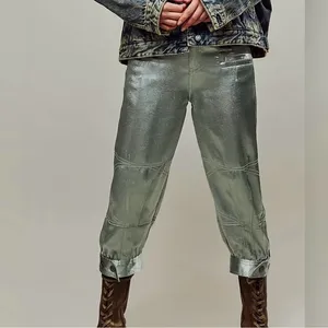 NEW Free People Ryder Pants L Metallic Silver Satin Moto Crop Vegan Shiny Green thumbnail 4