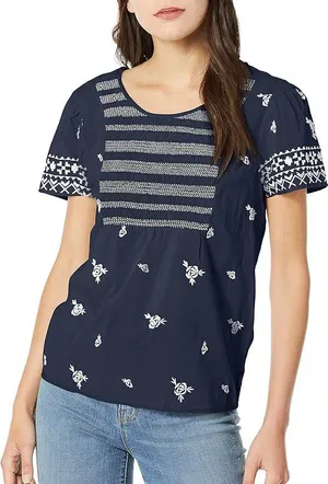 Lucky Brand Boho Navy Floral Embroidered Blouse Keyhole Back Size Medium thumbnail 1