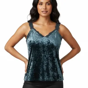 Entro Crushed Velvet Lace Trim Camisole Top Teal Blue Whimsigoth Strappy Size L thumbnail 1