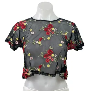 Storia Womens Black Lace Sheer Embroidered Floral Short Sleeve Crop Blouse Top S thumbnail 1
