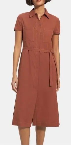 Women's Rust Collared Midi Shirt Dress with Waist Tie thumbnail 1