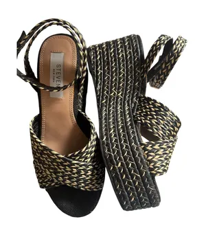 Steven New York Woven Espadrille Wedge Sandals Black Tan Ankle Strap Platform thumbnail 1
