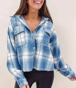 $65 NWOT Blue B collection Cleo Shacket in light blue plaid, L thumbnail 1