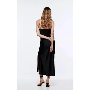 Zara Black Silk Satin Spaghetti Strap Cami Camisole Midi Tank Slip Dress Size M thumbnail 4