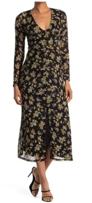 AFRM Tezza Black & Yellow Floral Ruched Mesh Midi Long Sleeves Dress Womens XS thumbnail 1