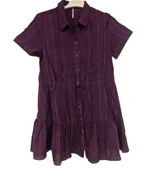 new Free people purple checkered mini dress short sleeve plaid printed Sz XS 2-4 thumbnail 1