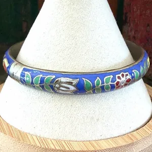Vintage Thailand Cloisonné Floral Bangle Bracelet Blue Enamel Hinged thumbnail 1