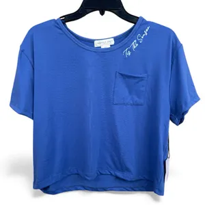 Happily Grey Blue T-Shirt Size S Embroidered Tis the Season Crop Short Sleeves thumbnail 1