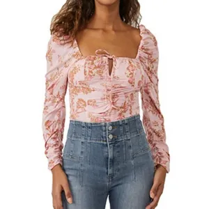 Free People Floral Crop Top M Pink Combo Smocked Puff Sleeve OB1569574 thumbnail 2
