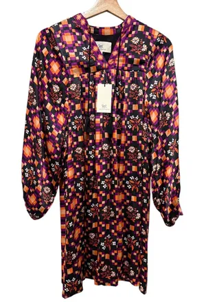 Printfresh Tunic Dress Women Sz XS Satin Colorful Boho Tassle Long Puff Sleeve thumbnail 1