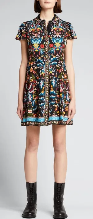 Alice + Olivia‎ Meeko Embroidered Tiered Floral Print Crepe Mini Shirt Dress 4 thumbnail 1