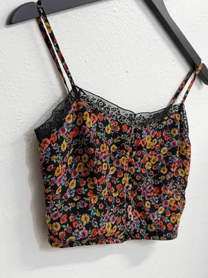 Papaya Floral Black Lace Trim Cami Crop Top Womens Small thumbnail 3