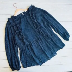 H&M Blue White‎ Printed Ruffled Long Sleeve Blouse Size 14 thumbnail 1