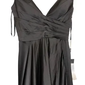 La Femme Black Long Satin Prom Gown Dress with Side Slit Full Skirt Size 0 NWT thumbnail 4